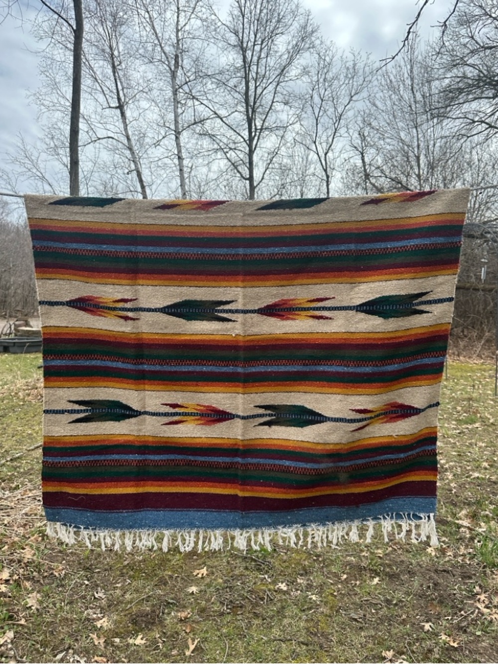 Vintage Southwestern Serape Blanket Throw Arrow Pattern Rustic Fringe Woven - Picture 2 of 4